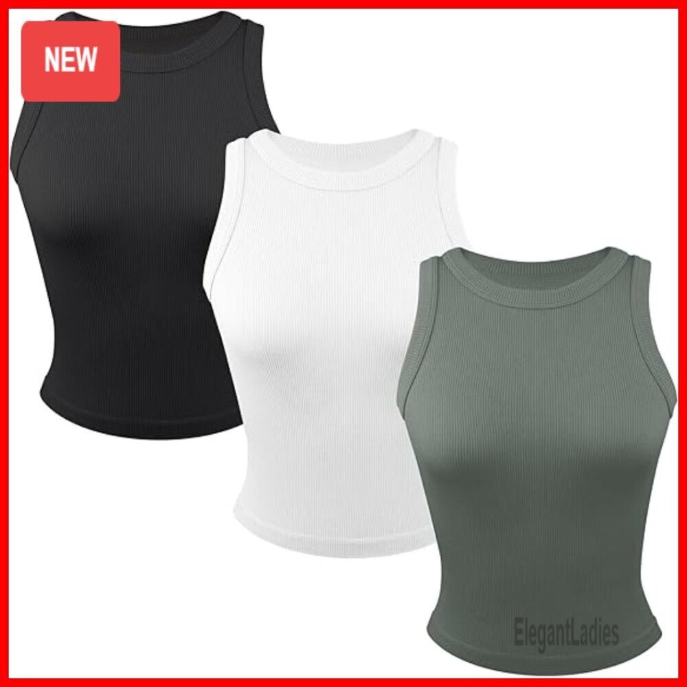 3 Pack Ribbed Stretch Tank Tops, Crew Neck Workout Yoga Tops, Plus Sizes